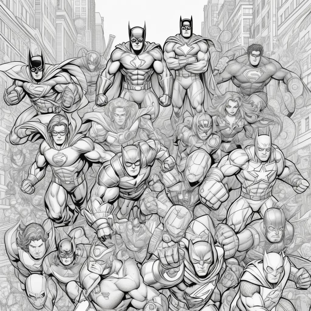 黒と白のぬりえのスーパーヒーローのグループ