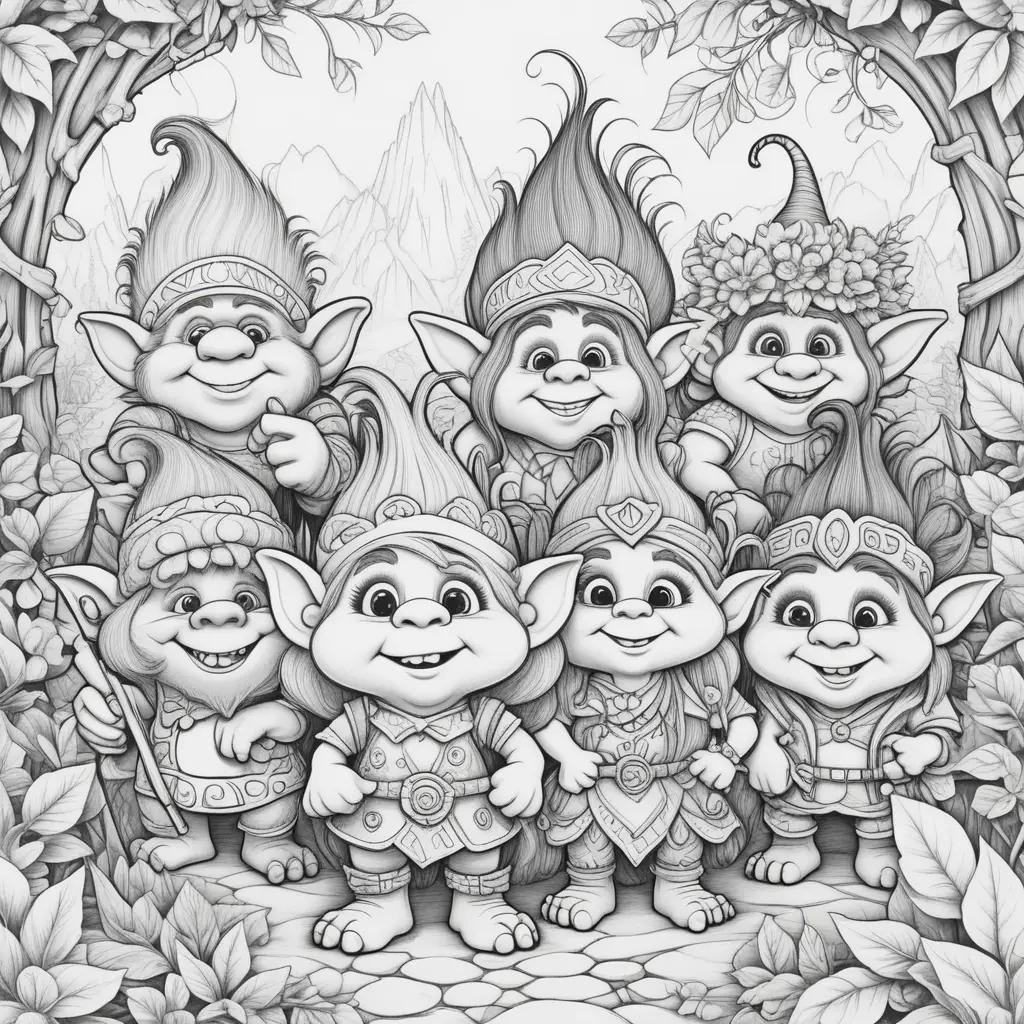 group of trolls coloring page in black and white