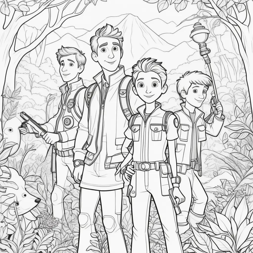 group of young men coloring pages with a forest scene