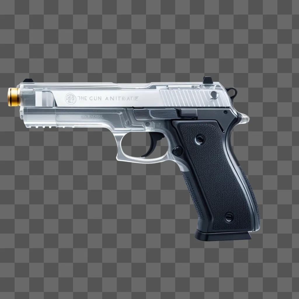 gun with a transparent barrel is shown against a gray background