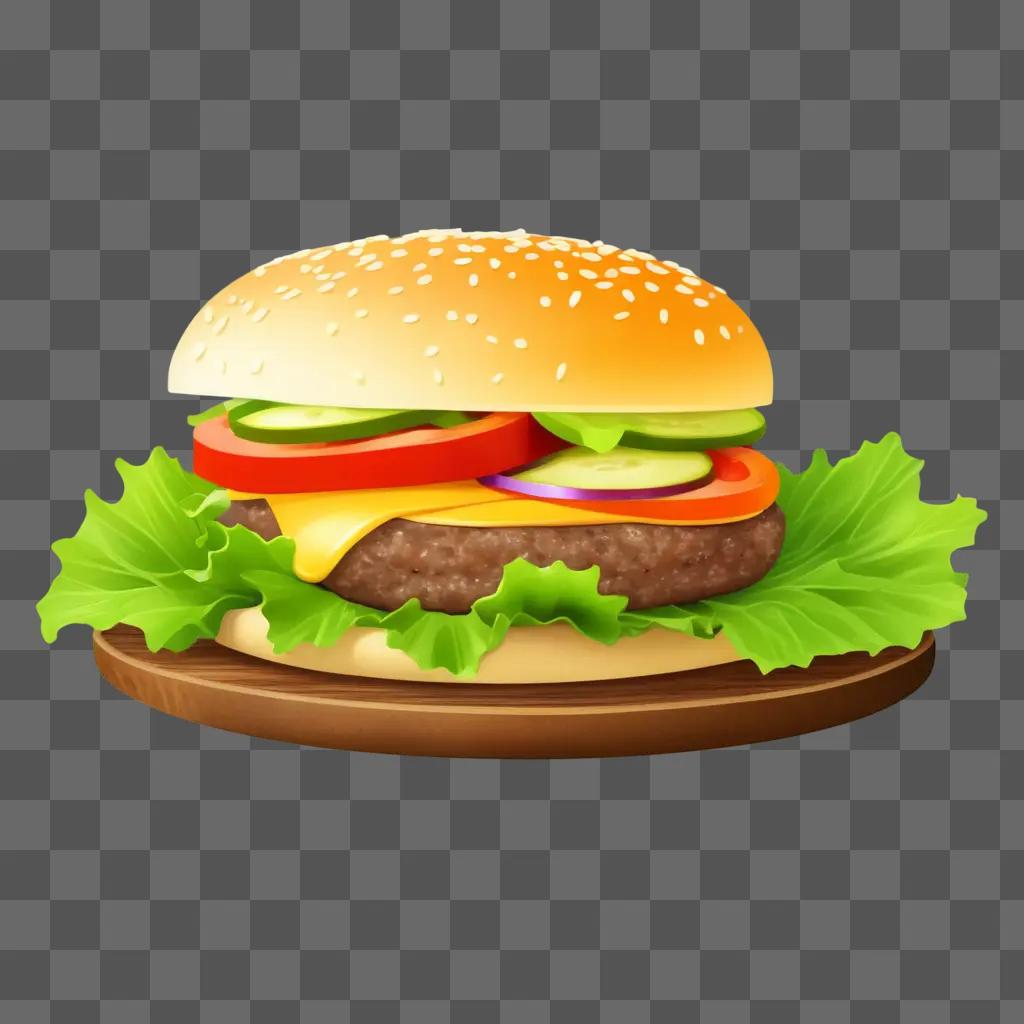 hamburger with lettuce, tomato and cheese on a wooden board