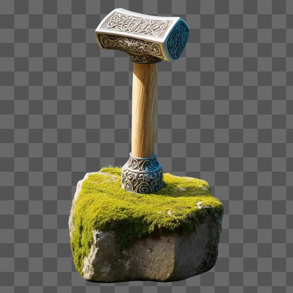 hammer rests on moss-covered rock in a fantasy setting