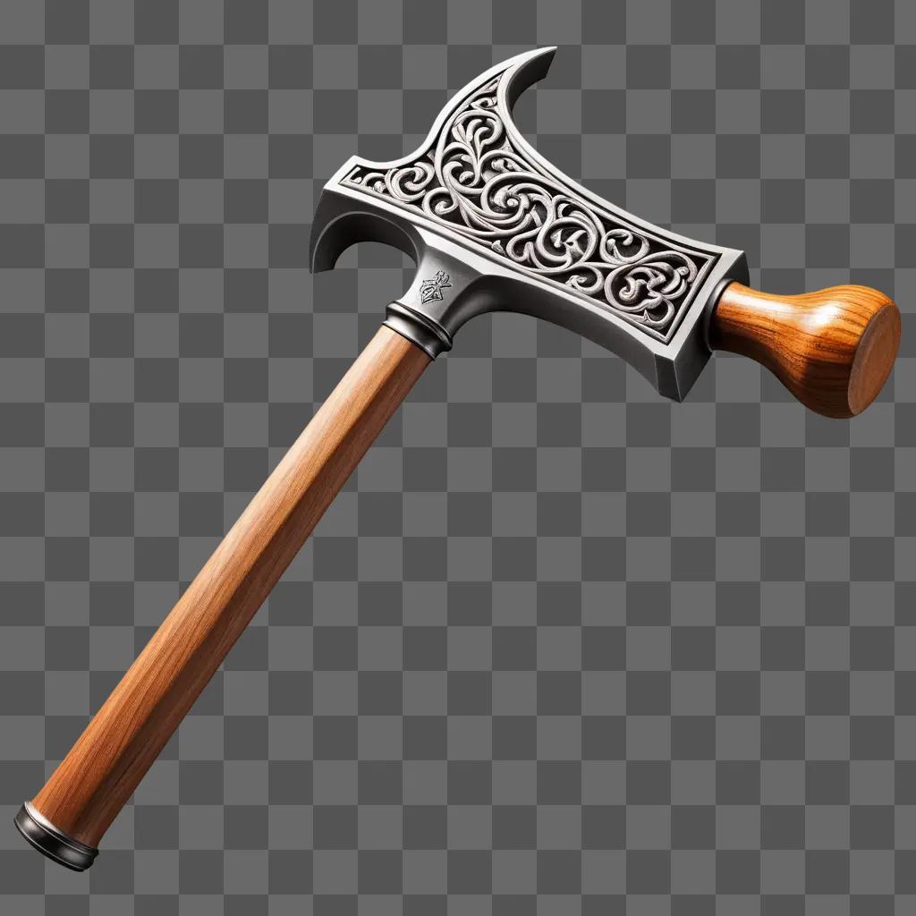 hammer with intricate design and wood handle