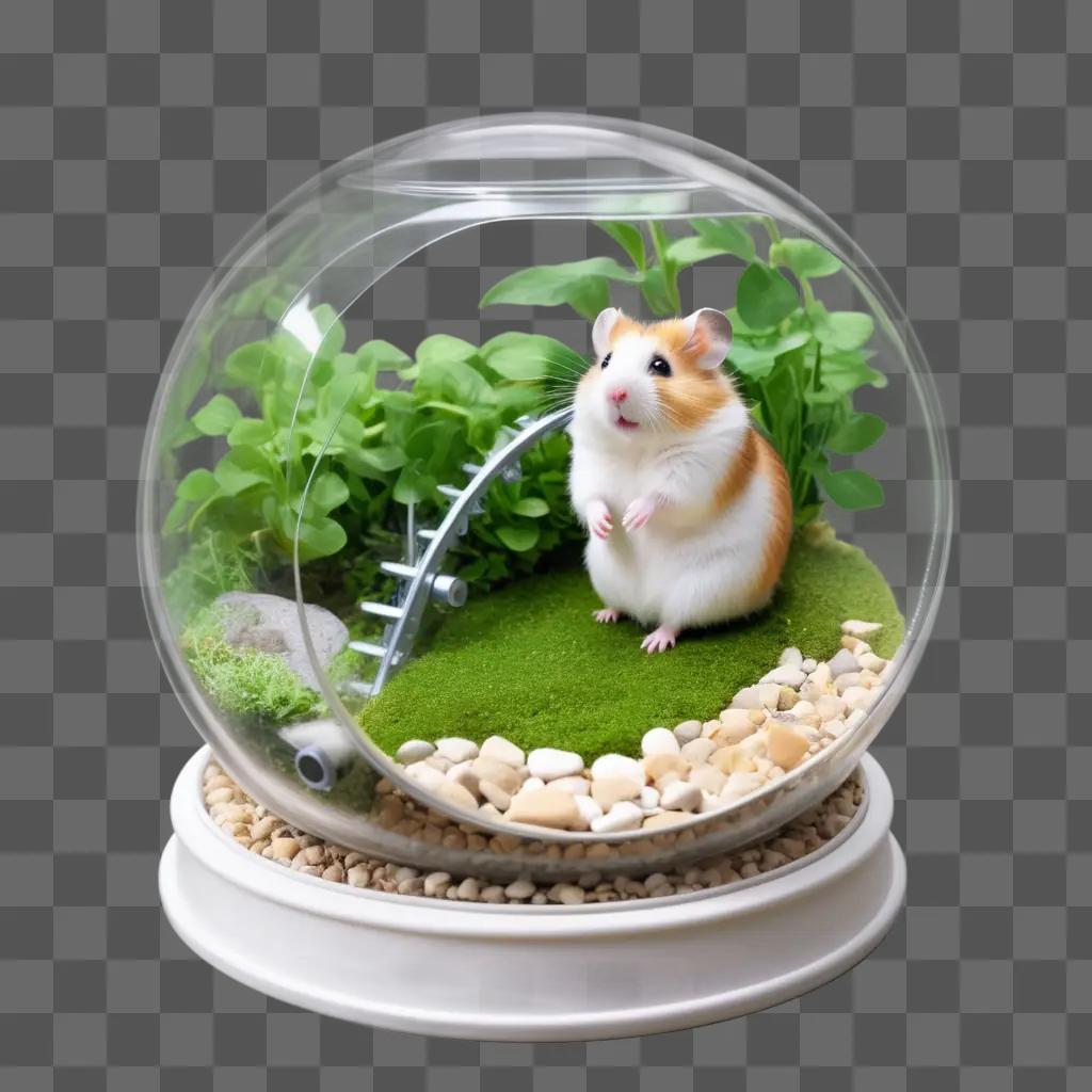 hamster sits inside a glass globe on a rock and grass