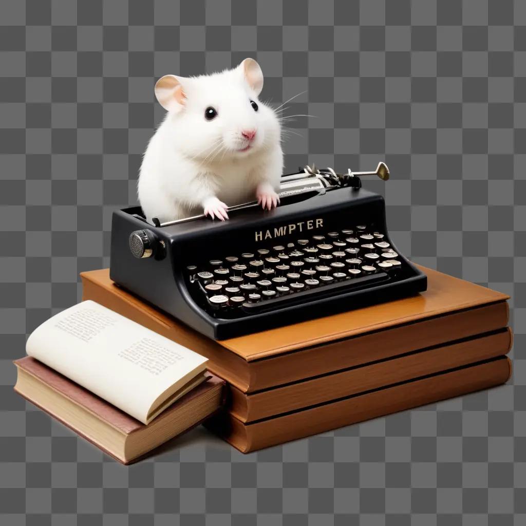 hamster sits on a typewriter with a book next to it