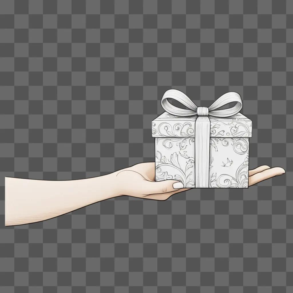 hand holding a gift with a sketch of a bow on it