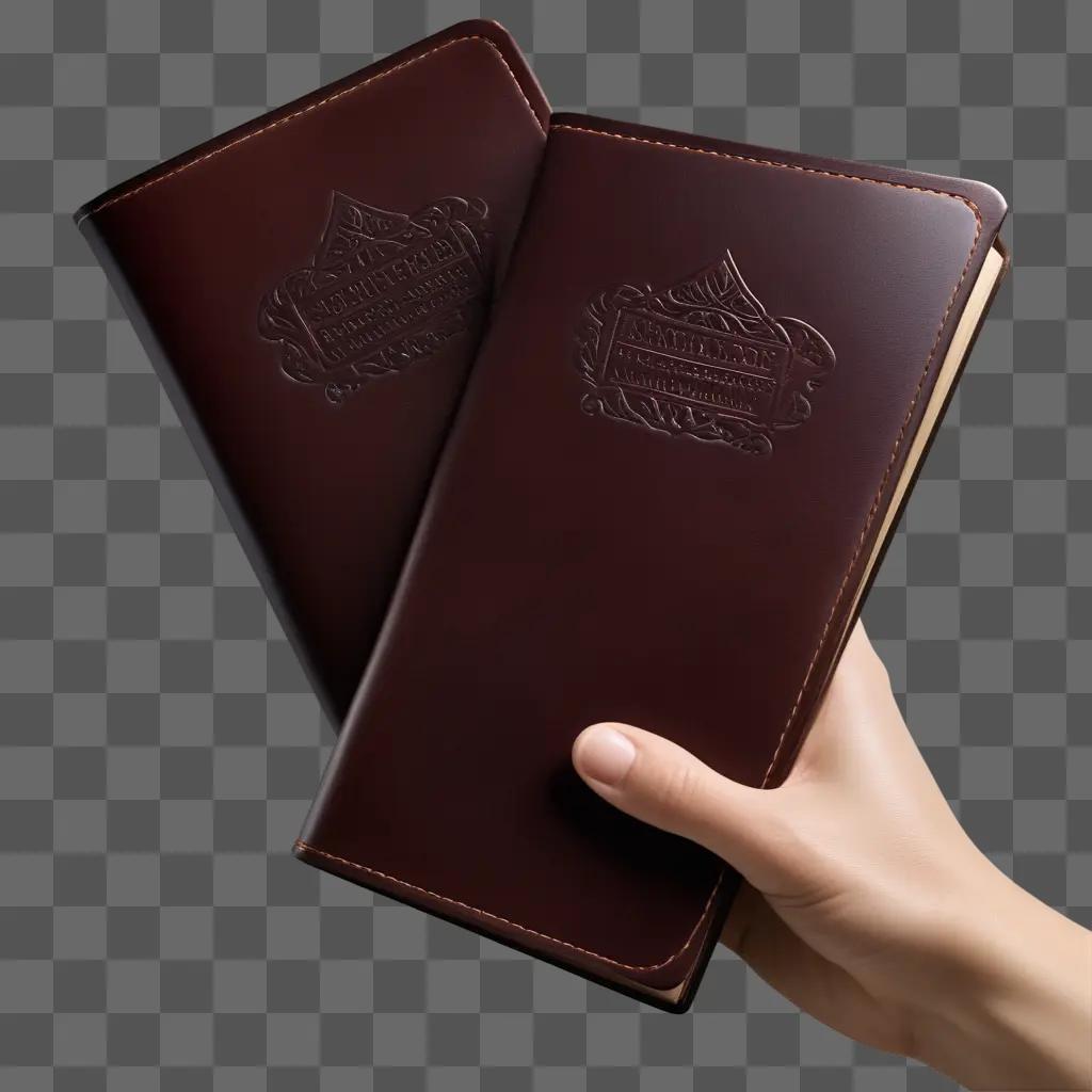 hand holds a leather-bound notebook