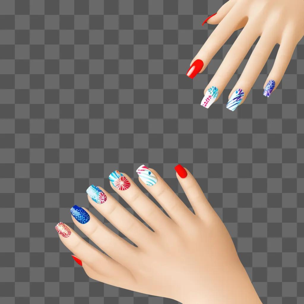 hand with a manicure of various nail art designs