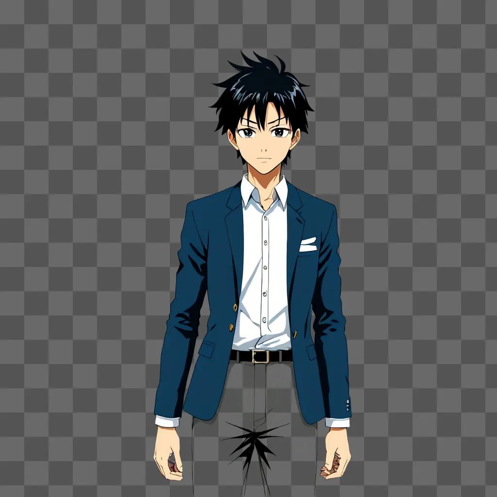 handsome anime boy standing in dark blue jacket