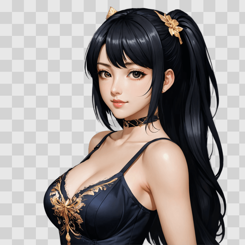 handsome anime girl A beautiful young woman in a black dress and gold necklace