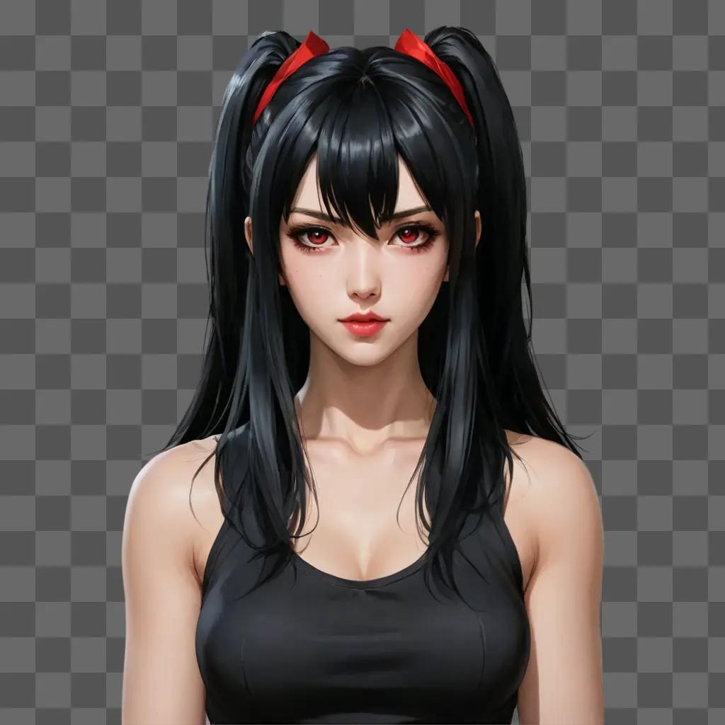 handsome anime girl A girl with black hair and red eyes wearing a black top and red hairband