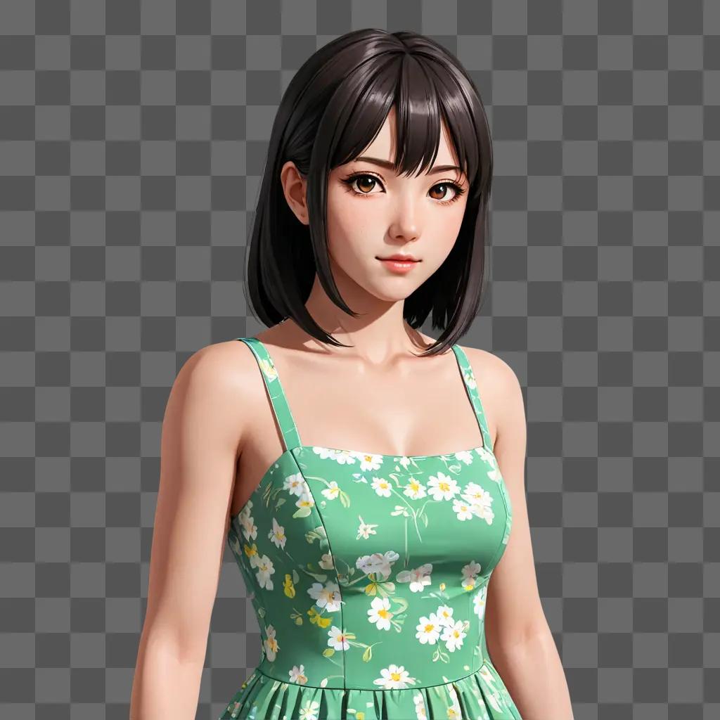 handsome anime girl A young woman in a green dress with flowers