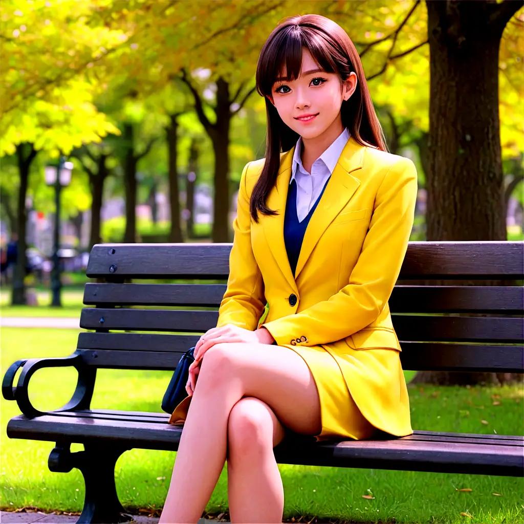 handsome anime girl Beautiful girl in a yellow suit sitting on a bench