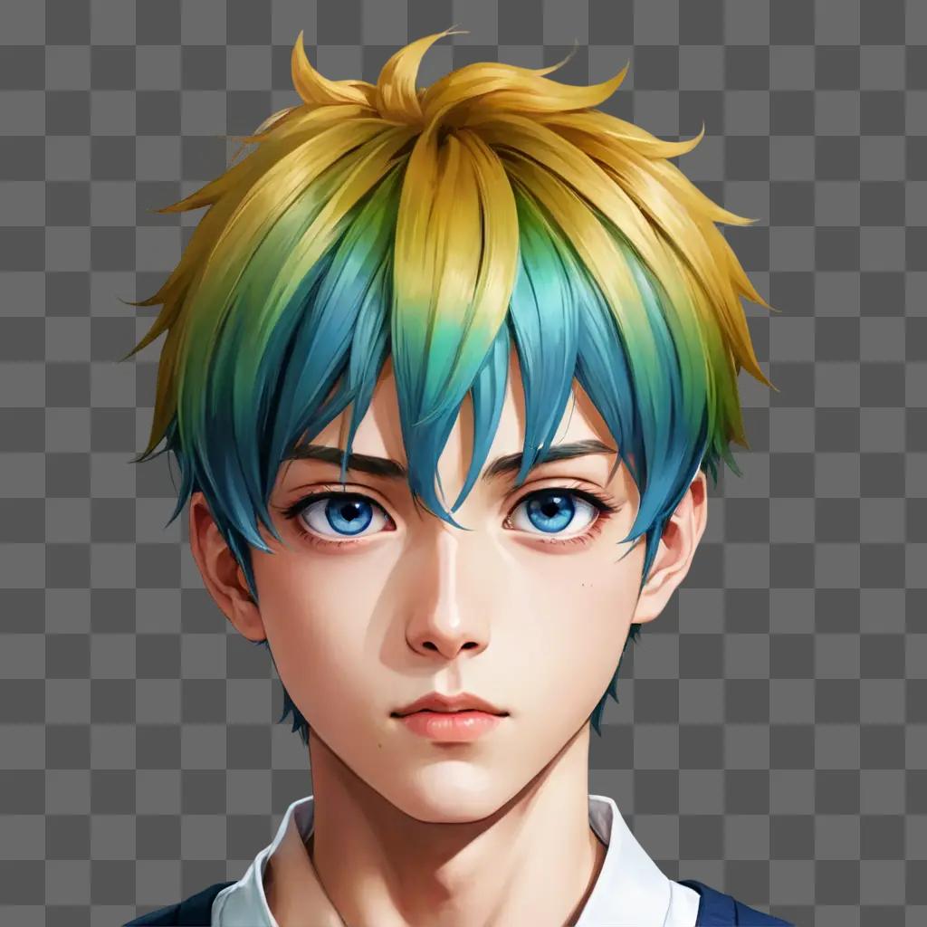 handsome cute anime boy A man with blue eyes and a blue and green hairdo