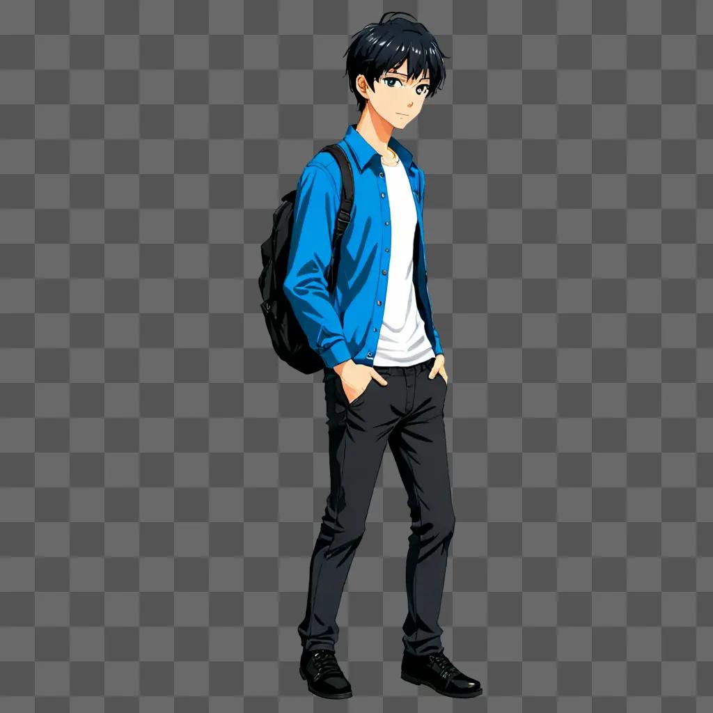 handsome cute anime boy standing with a backpack