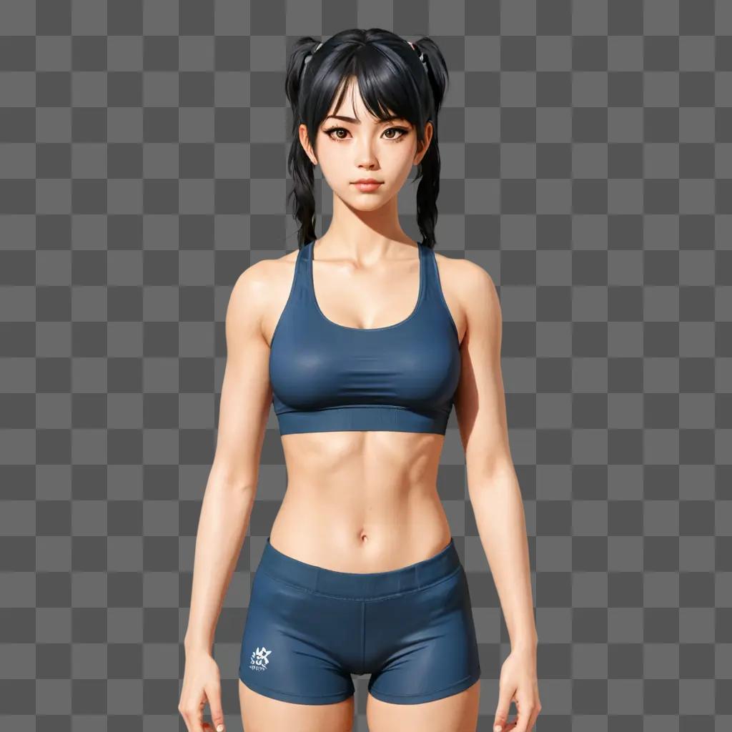 handsome cute anime girl A female in a blue sports bra and shorts