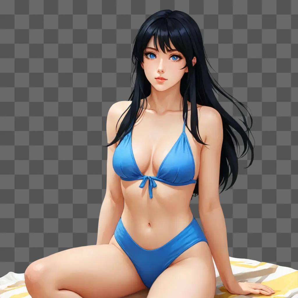 handsome cute anime girl A girl in a blue bikini sits on a towel