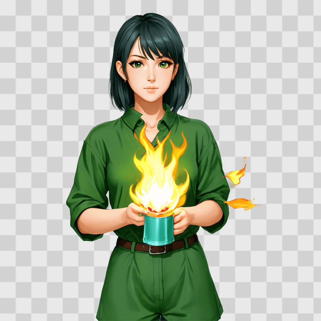 handsome cute anime girl A woman in green holds a flaming cup