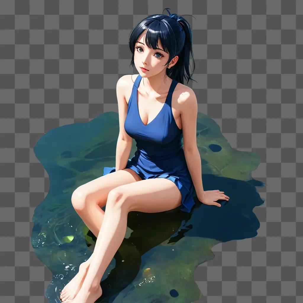 handsome cute anime girl An anime girl in a blue swimsuit sitting in the water