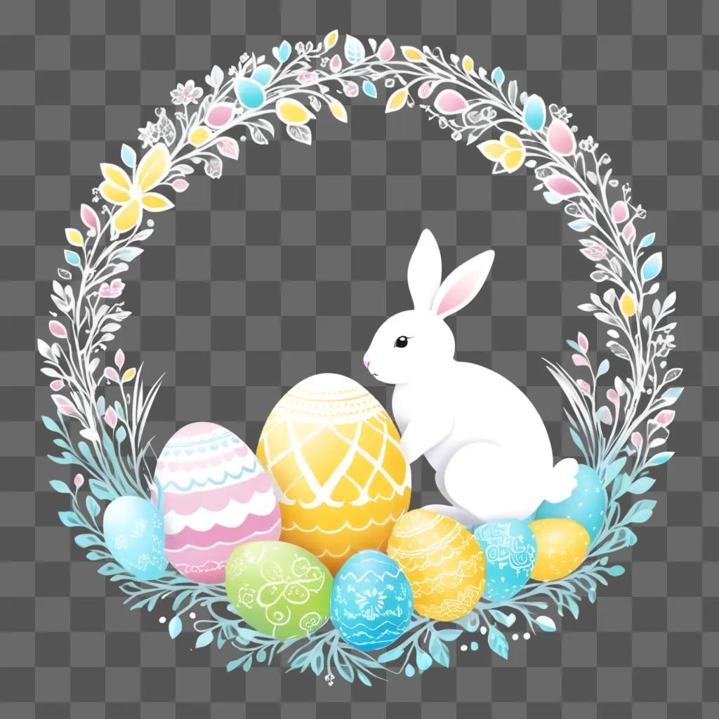 happy Easter scene with a white bunny and colorful eggs