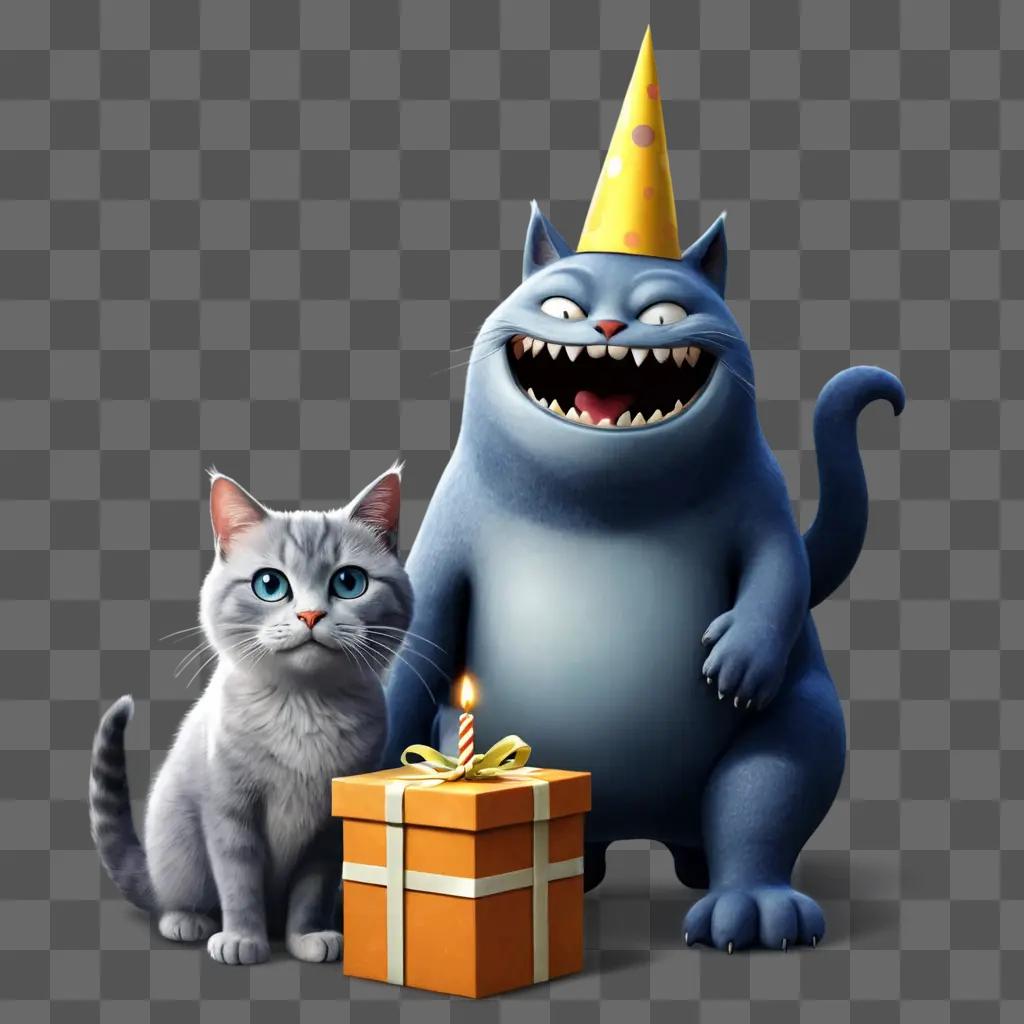 happy birthday clip art A cat and a monster celebrate a birthday with a present