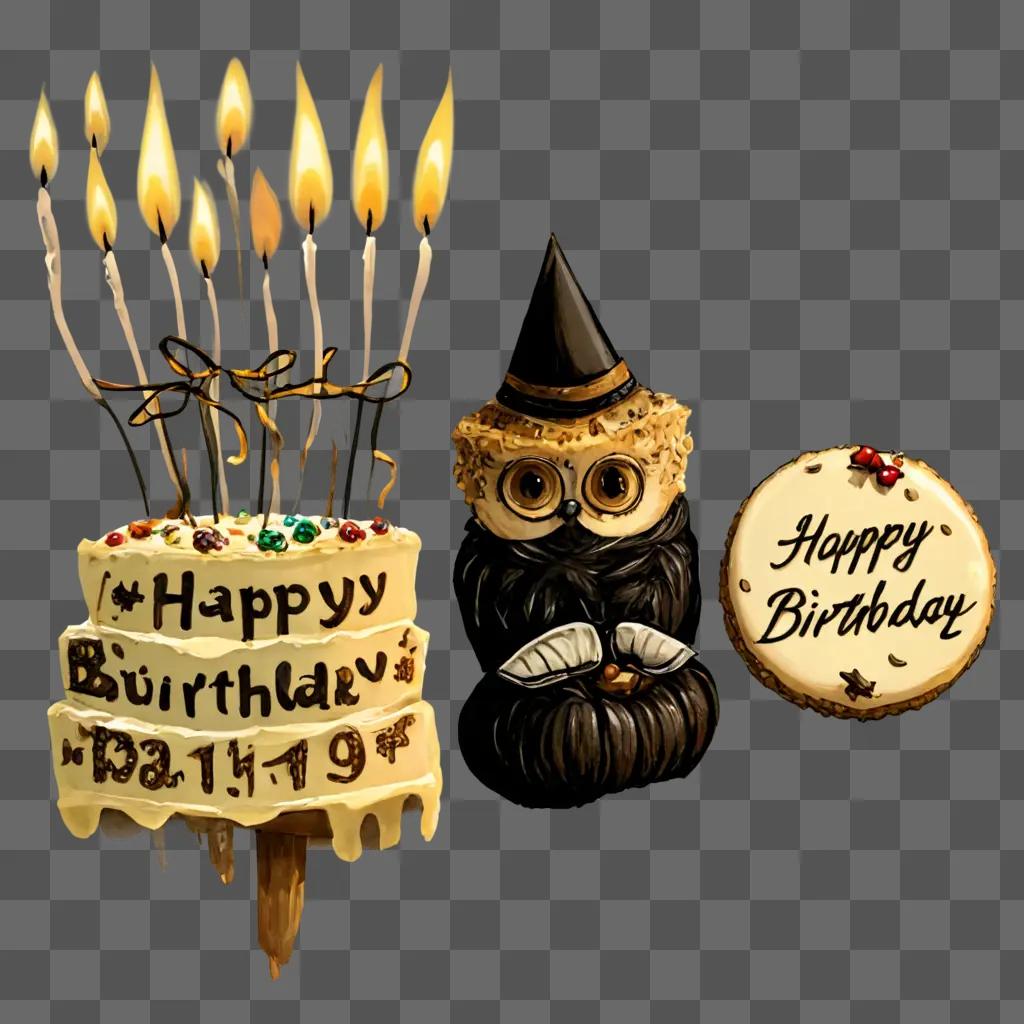 happy birthday clip art Birthday cake with candles and an owl