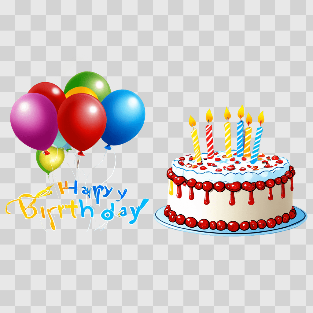 happy birthday clip art Birthday cake with lit candles and colorful balloons