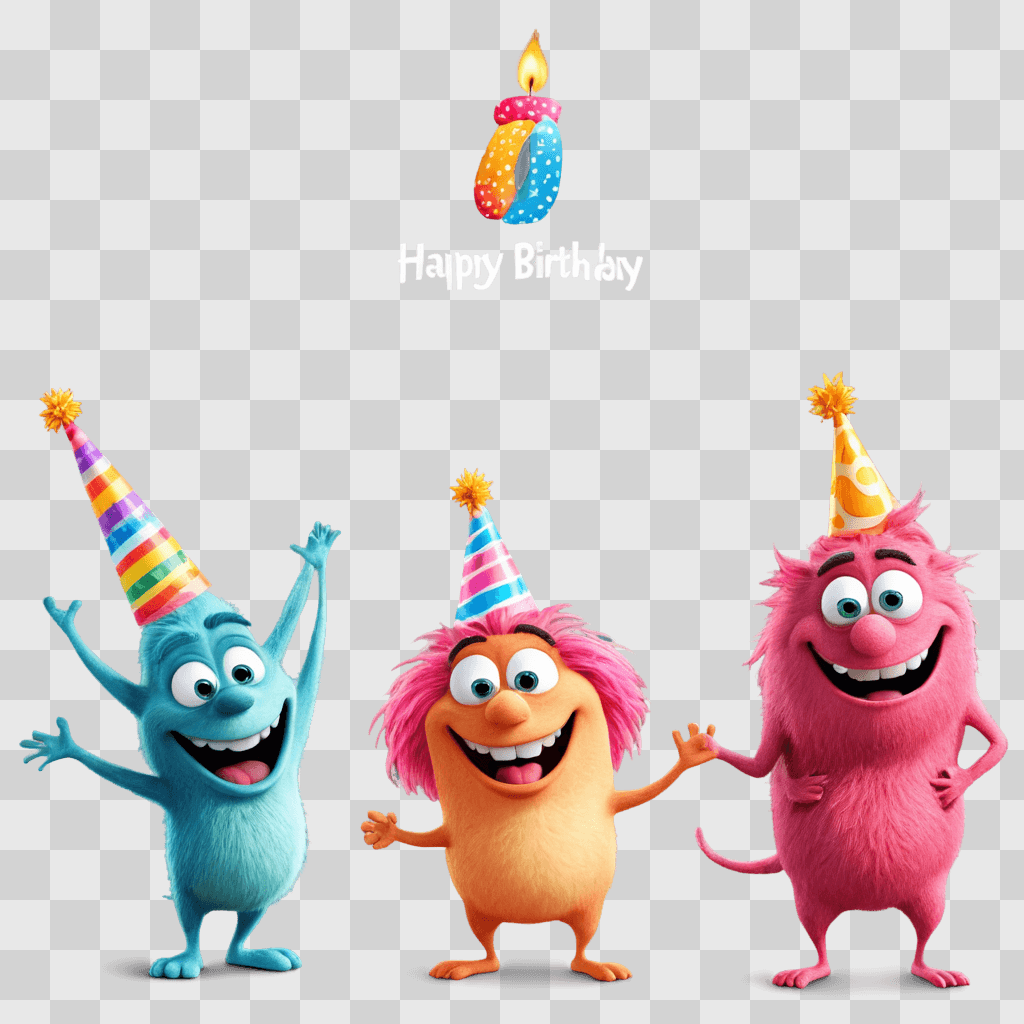 happy birthday clip art Three colorful monsters celebrate a birthday