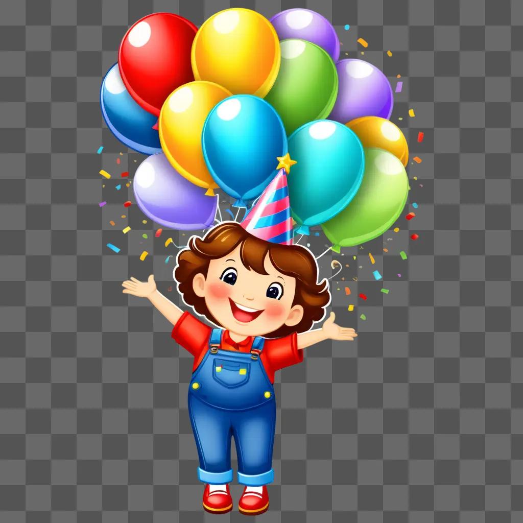 happy birthday clip art features a smiling child surrounded by colorful balloons