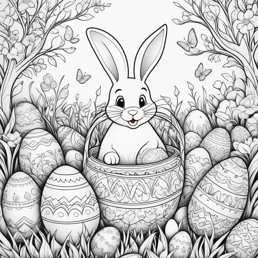 happy bunny in a basket surrounded by eggs on a coloring page