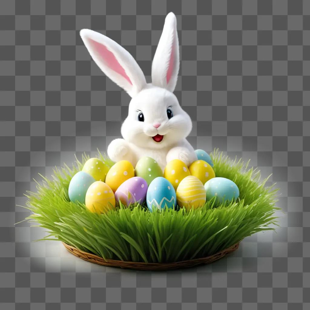 happy bunny sits in a basket filled with Easter eggs