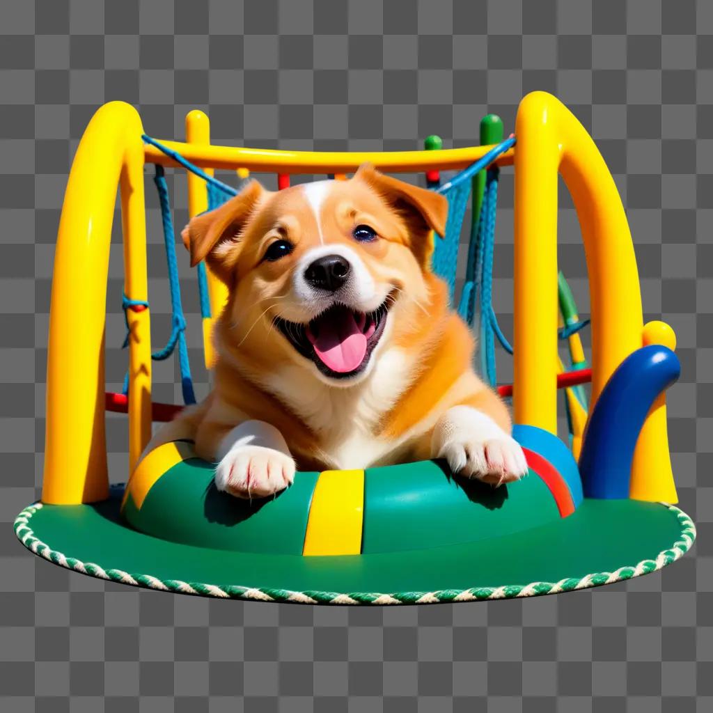 happy dog lounges on a playground