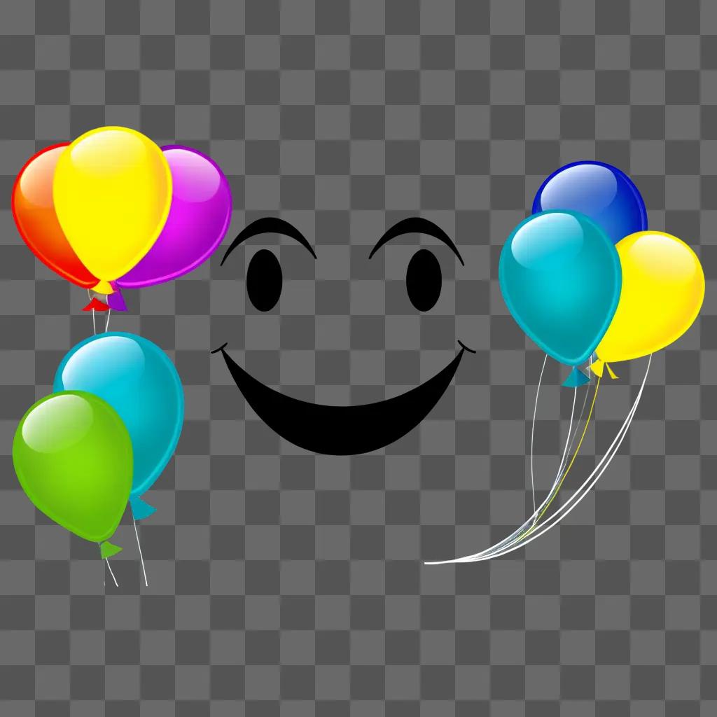 happy face is surrounded by colorful balloons