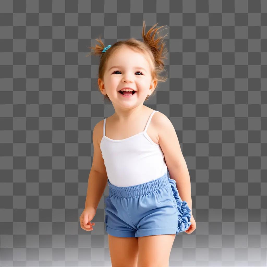 happy kid in a white top and blue shorts