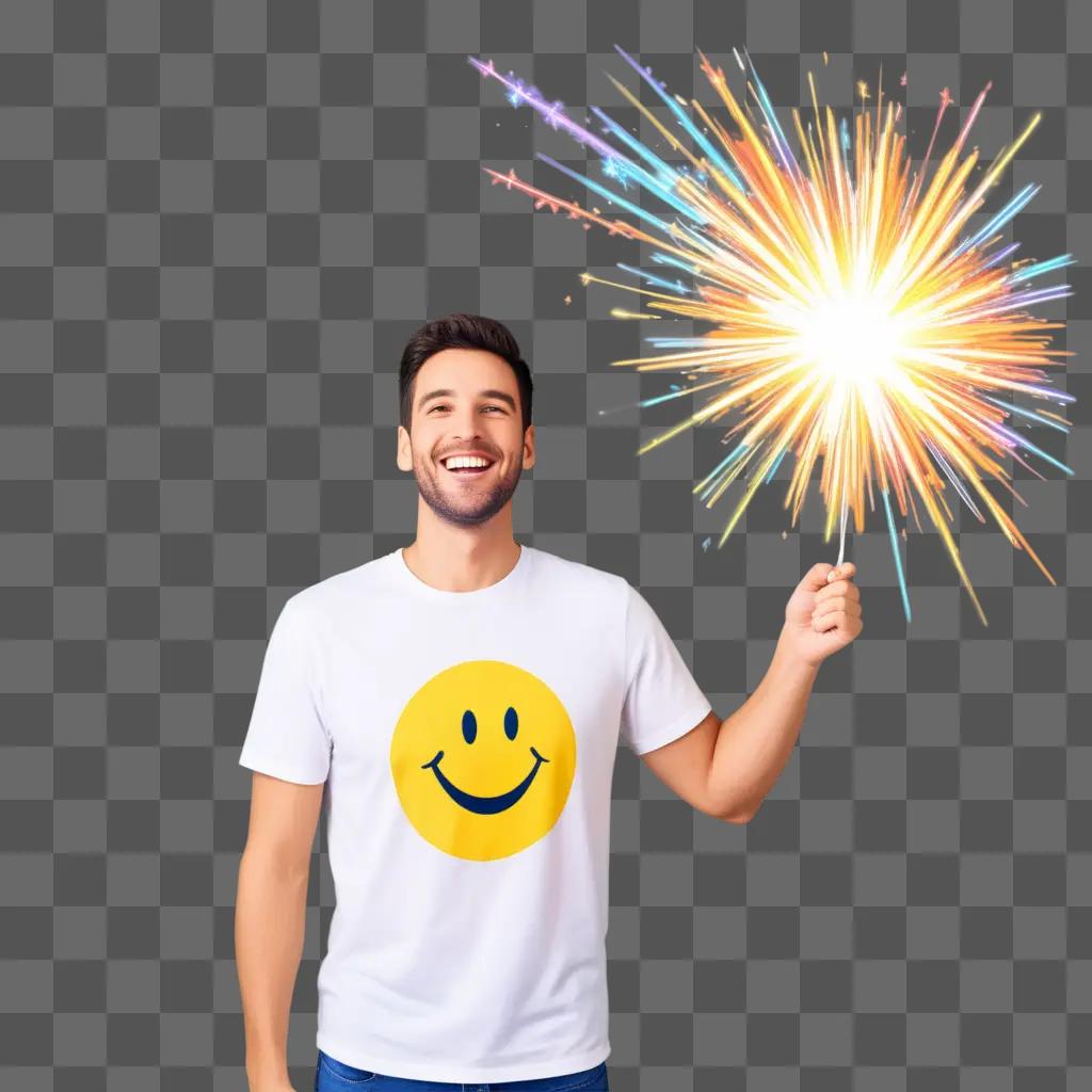 happy man holds a smiley face with fireworks