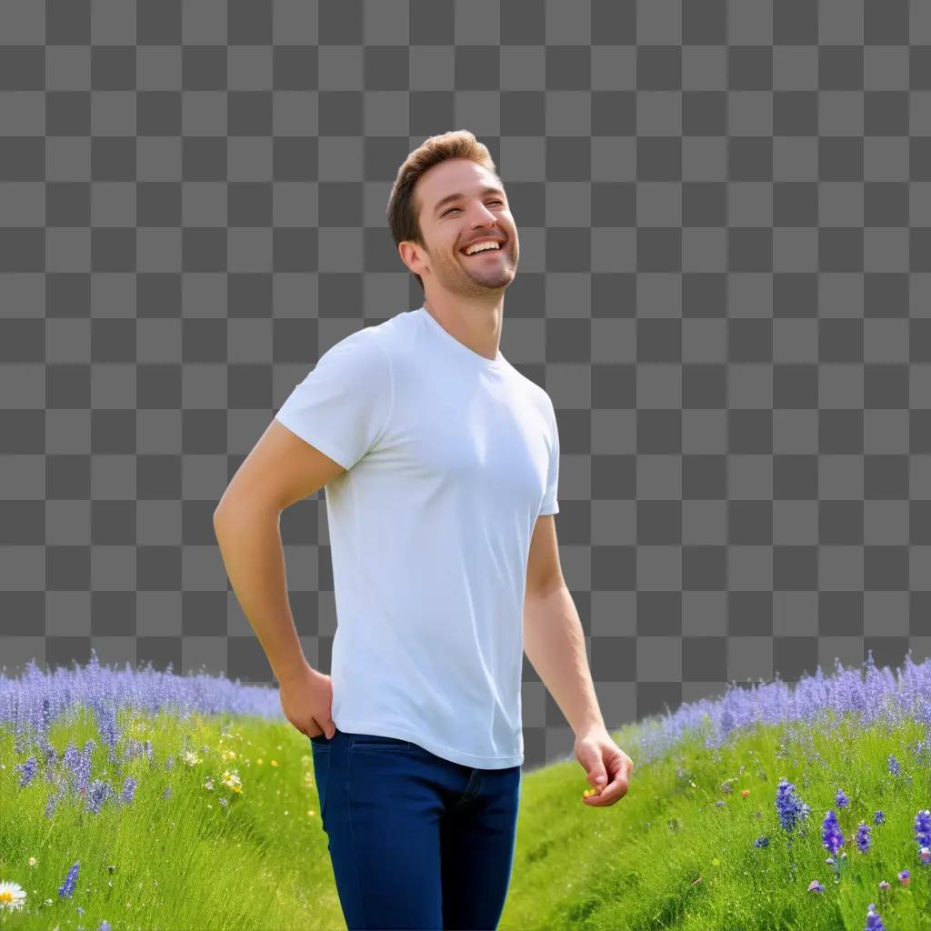 happy man in a white shirt smiles in a field of flowers