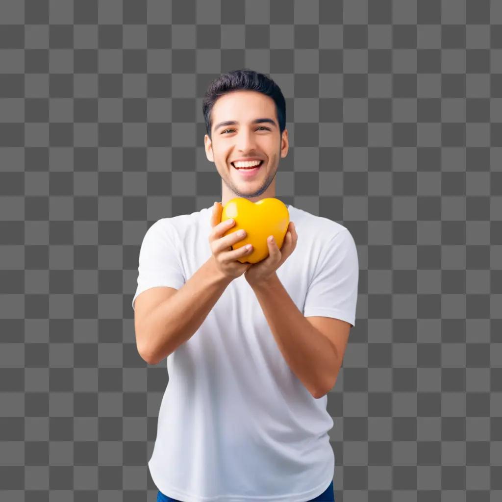 happy man smiles holding an orange