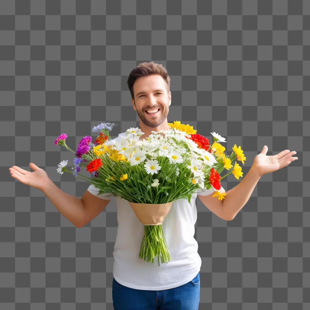 happy man with a bouquet of flowers