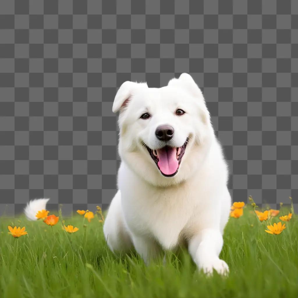 happy white dog in a field of flowers