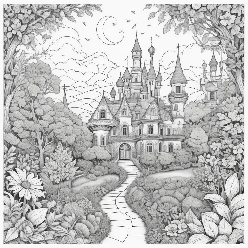 hard coloring page features a castle and a garden