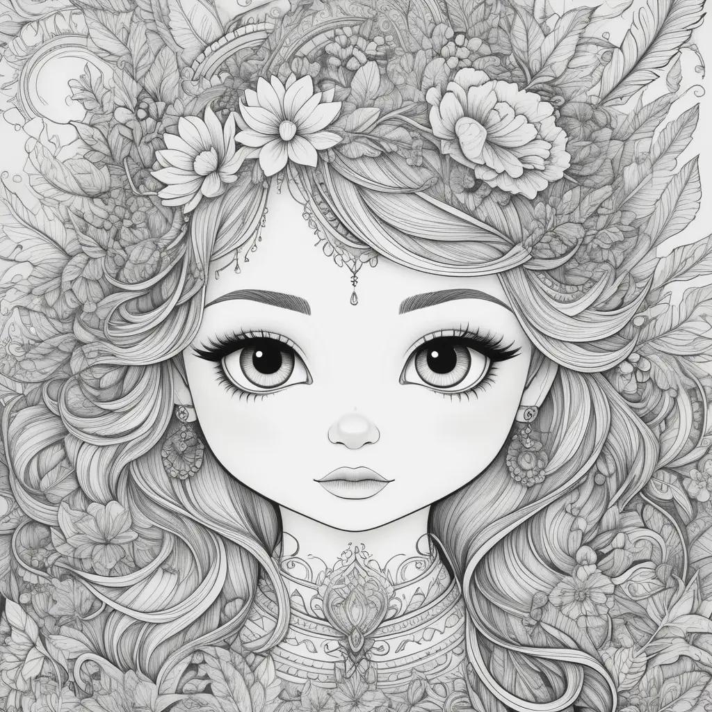 hard coloring page featuring a girl with flowers on her head