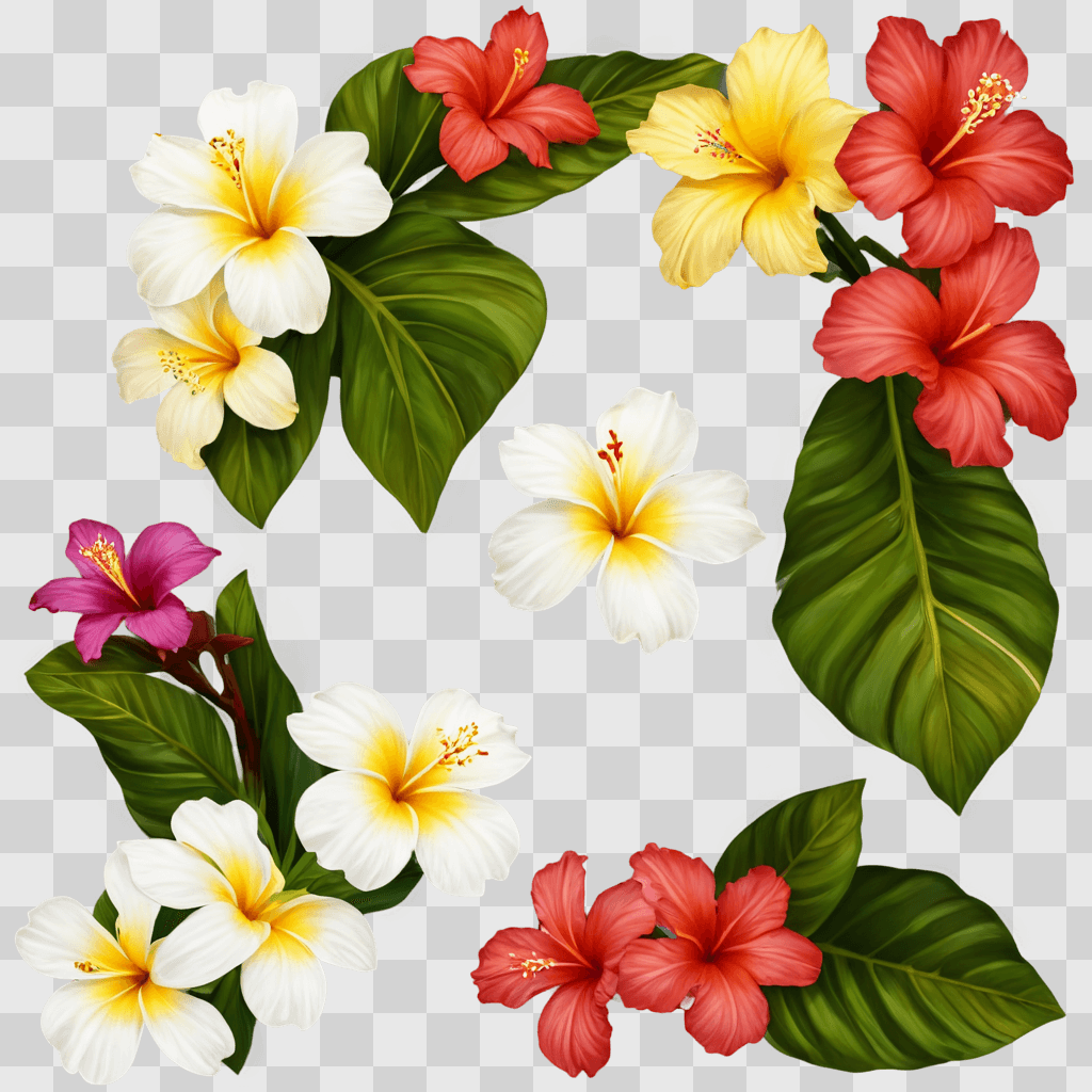 hawaii flower drawing A colorful floral collage with green leaves