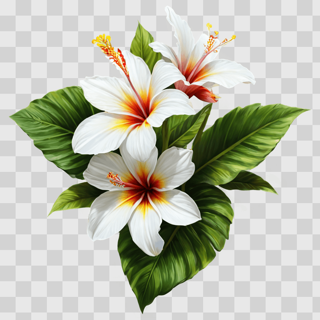 hawaii flower drawing A flower with yellow and red petals and green leaves