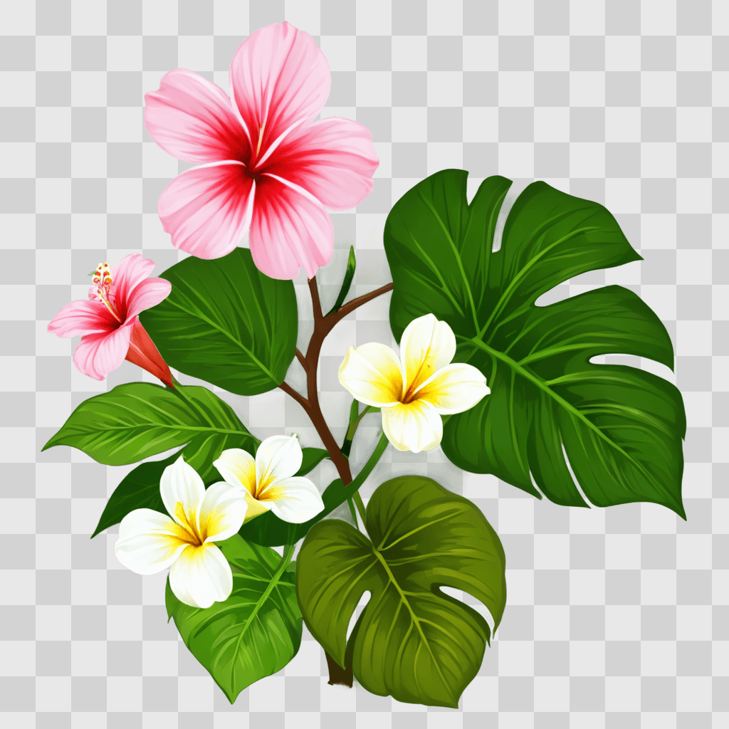 hawaii flower drawing A group of flowers and leaves on a green background