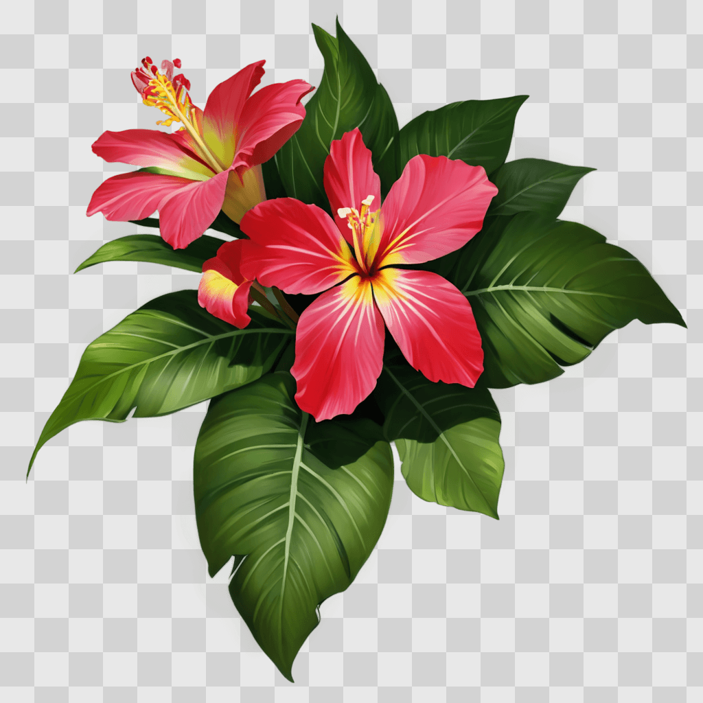 hawaii flower drawing A red and yellow flower with green leaves