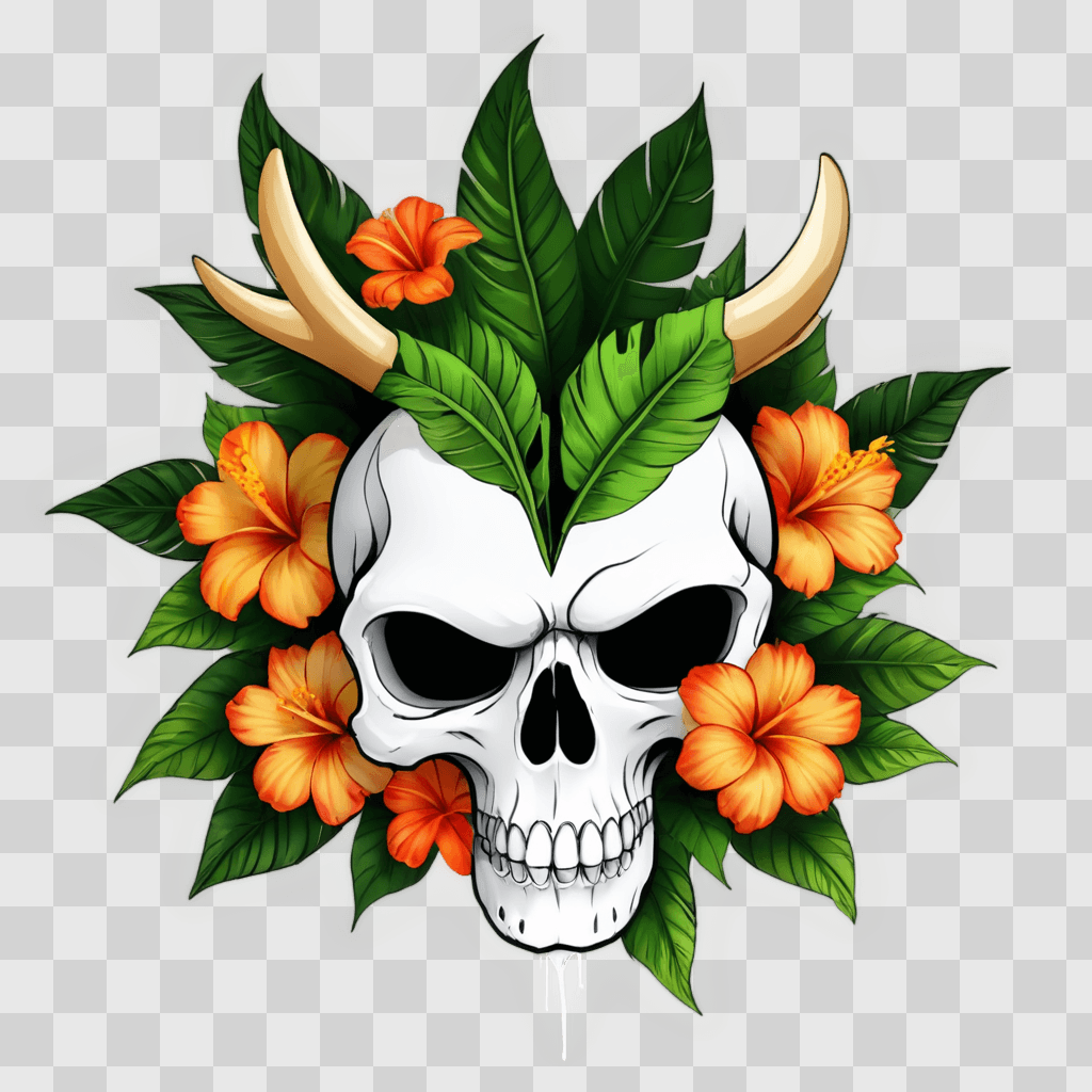 hawaii flower drawing A skull with flowers and horns is the center of this picture