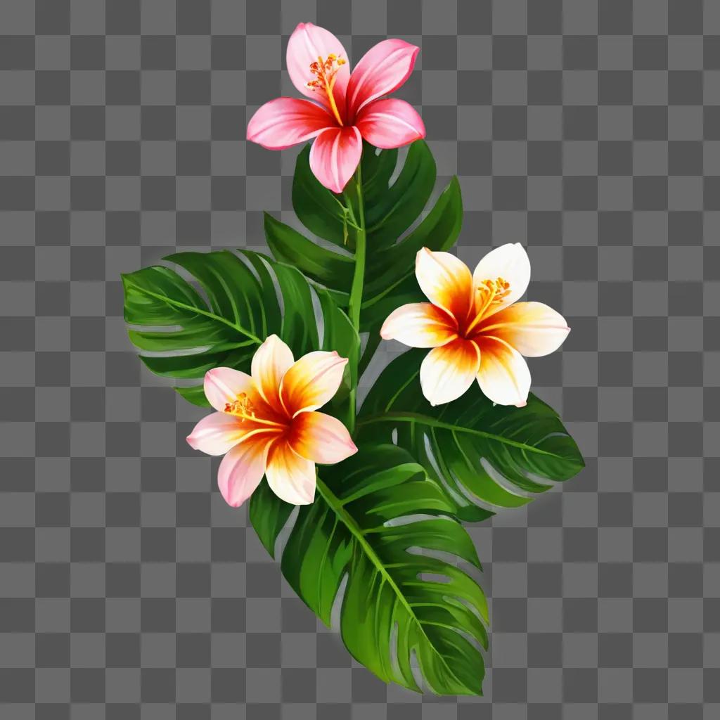 hawaii flower drawing Pink and orange flowers with green leaves