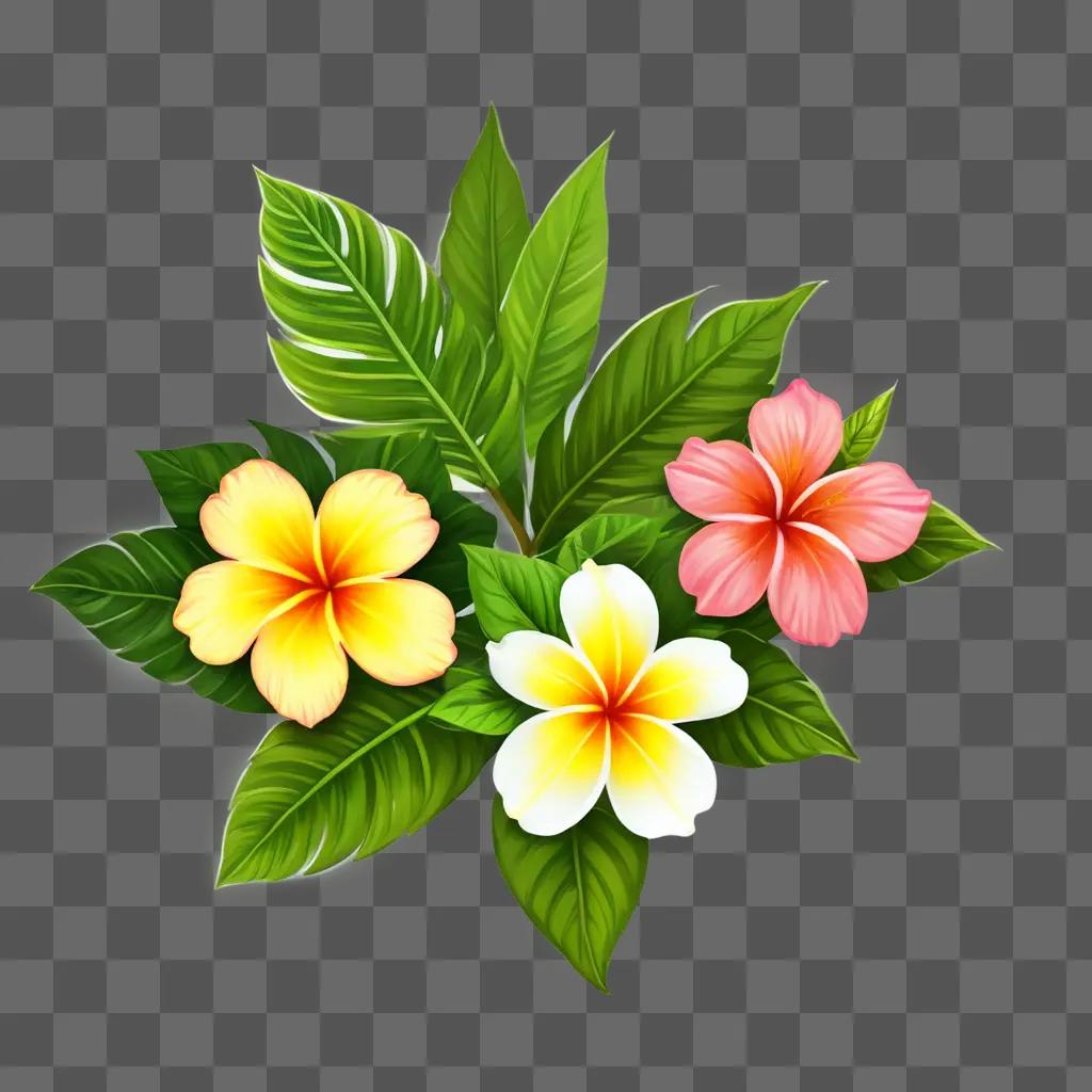 hawaii flower drawing Three flowers and leaves on a green background