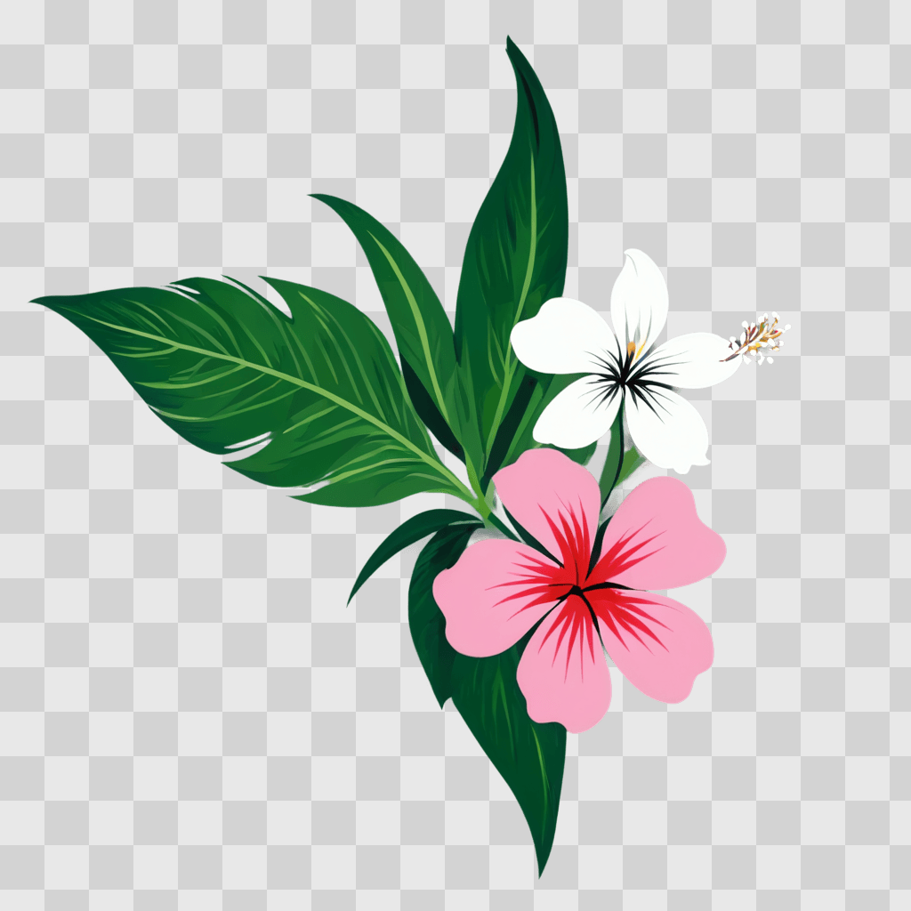 hawaii flower drawing Three flowers with green leaves and white flowers