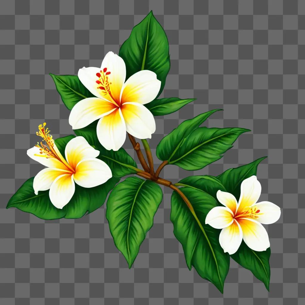 hawaii flower drawing Three white flowers against a green background